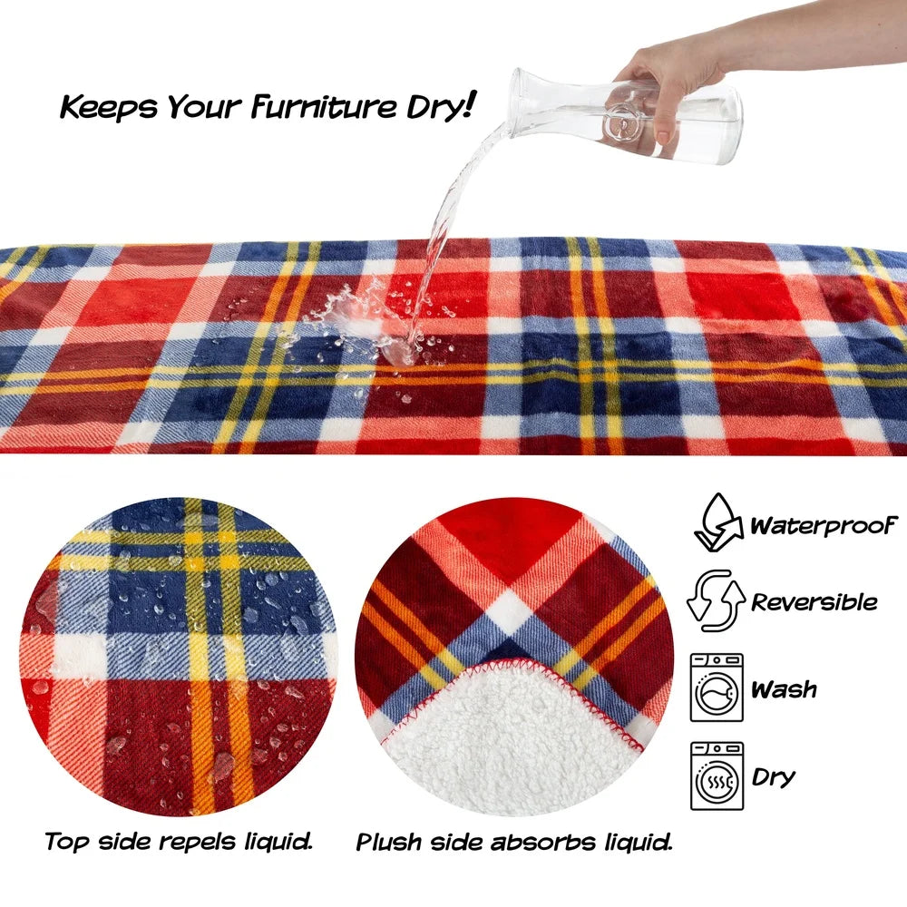 Waterproof Reversible Pet Blanket Furniture Protector Soft Sherpa Plaid Throw Machine Washable Dogs Cats Travel Home
