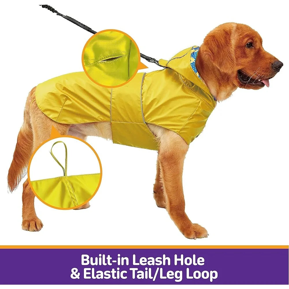 Reversible Waterproof Dog Raincoat Adjustable Slicker Poncho with Leash Hole Reflective Stripe Hooded Design All Weather