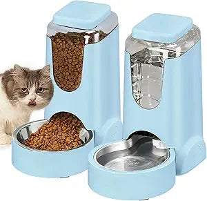 Automatic Cat Feeder and Water Dispenser with Stainless Steel Bowl Dog Gravity Food Feeder and Waterer for Small Medium Pets Pup