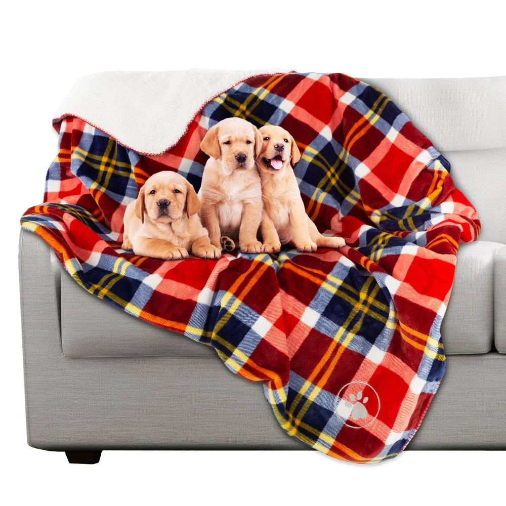 Waterproof Reversible Pet Blanket Furniture Protector Soft Sherpa Plaid Throw Machine Washable Dogs Cats Travel Home