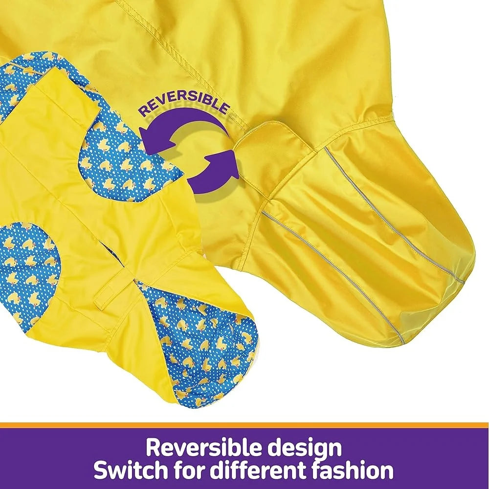 Reversible Waterproof Dog Raincoat Adjustable Slicker Poncho with Leash Hole Reflective Stripe Hooded Design All Weather