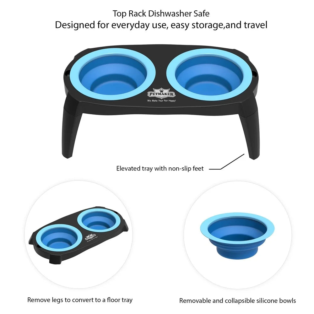 Elevated Dog Cat Feeding Station Non-Slip Stand Portable Collapsible Bowls Easy Storage Healthy Eating Pet Supplies