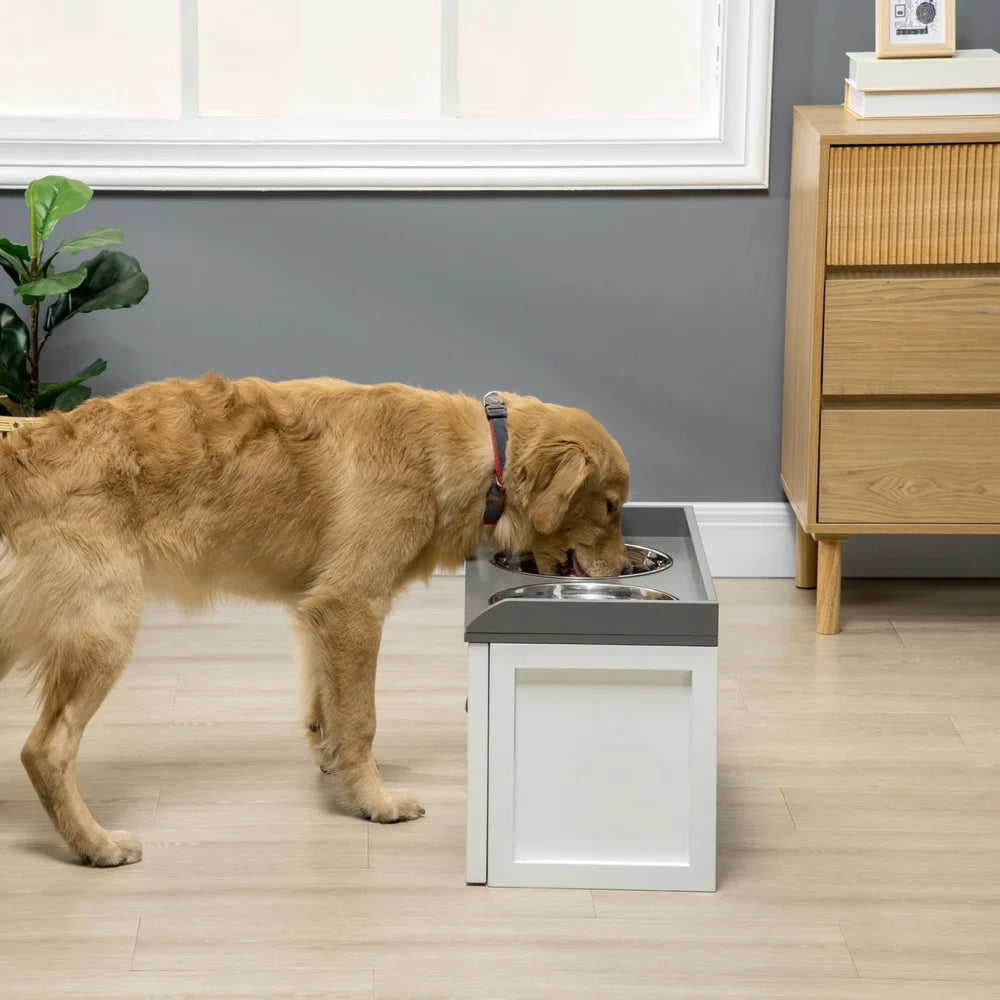 Dog Feeding Station with Storage Drawer Elevated Pet Feeder Stainless Steel Bowls Large Dogs Organized Pet Supplies