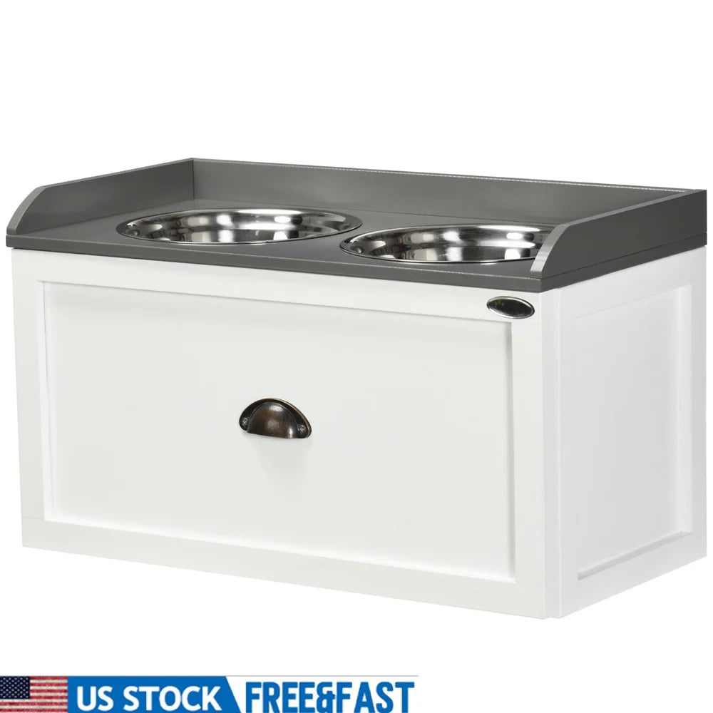 Dog Feeding Station with Storage Drawer Elevated Pet Feeder Stainless Steel Bowls Large Dogs Organized Pet Supplies