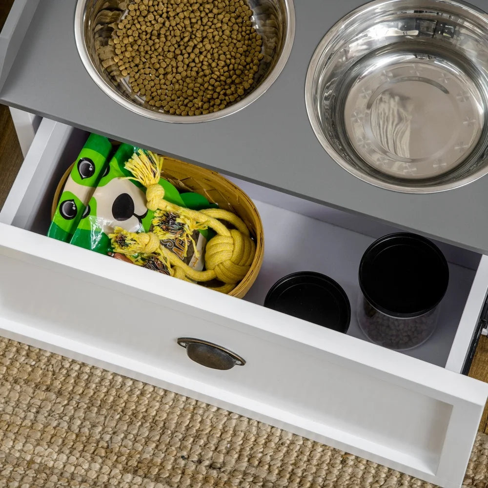 Dog Feeding Station with Storage Drawer Elevated Pet Feeder Stainless Steel Bowls Large Dogs Organized Pet Supplies