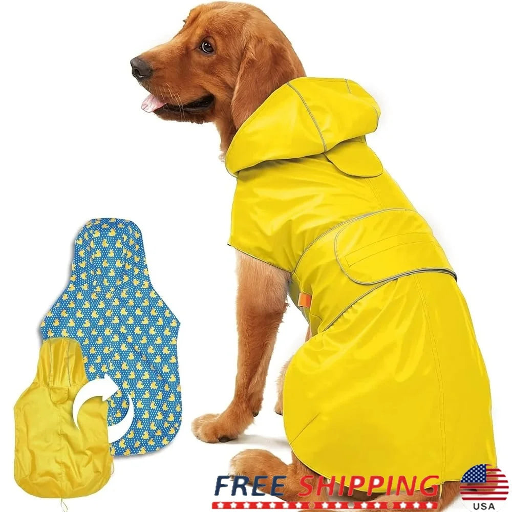 Reversible Waterproof Dog Raincoat Adjustable Slicker Poncho with Leash Hole Reflective Stripe Hooded Design All Weather