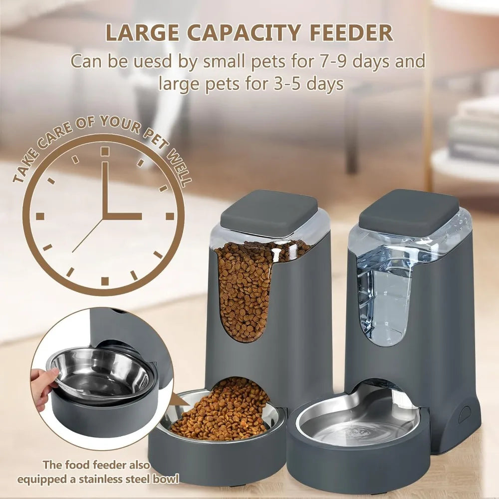 Automatic Cat Feeder and Water Dispenser with Stainless Steel Bowl Dog Gravity Food Feeder and Waterer for Small Medium Pets Pup