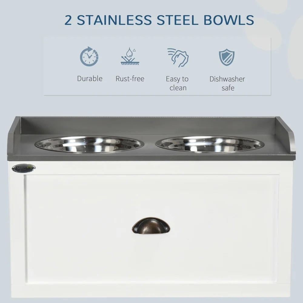 Dog Feeding Station with Storage Drawer Elevated Pet Feeder Stainless Steel Bowls Large Dogs Organized Pet Supplies
