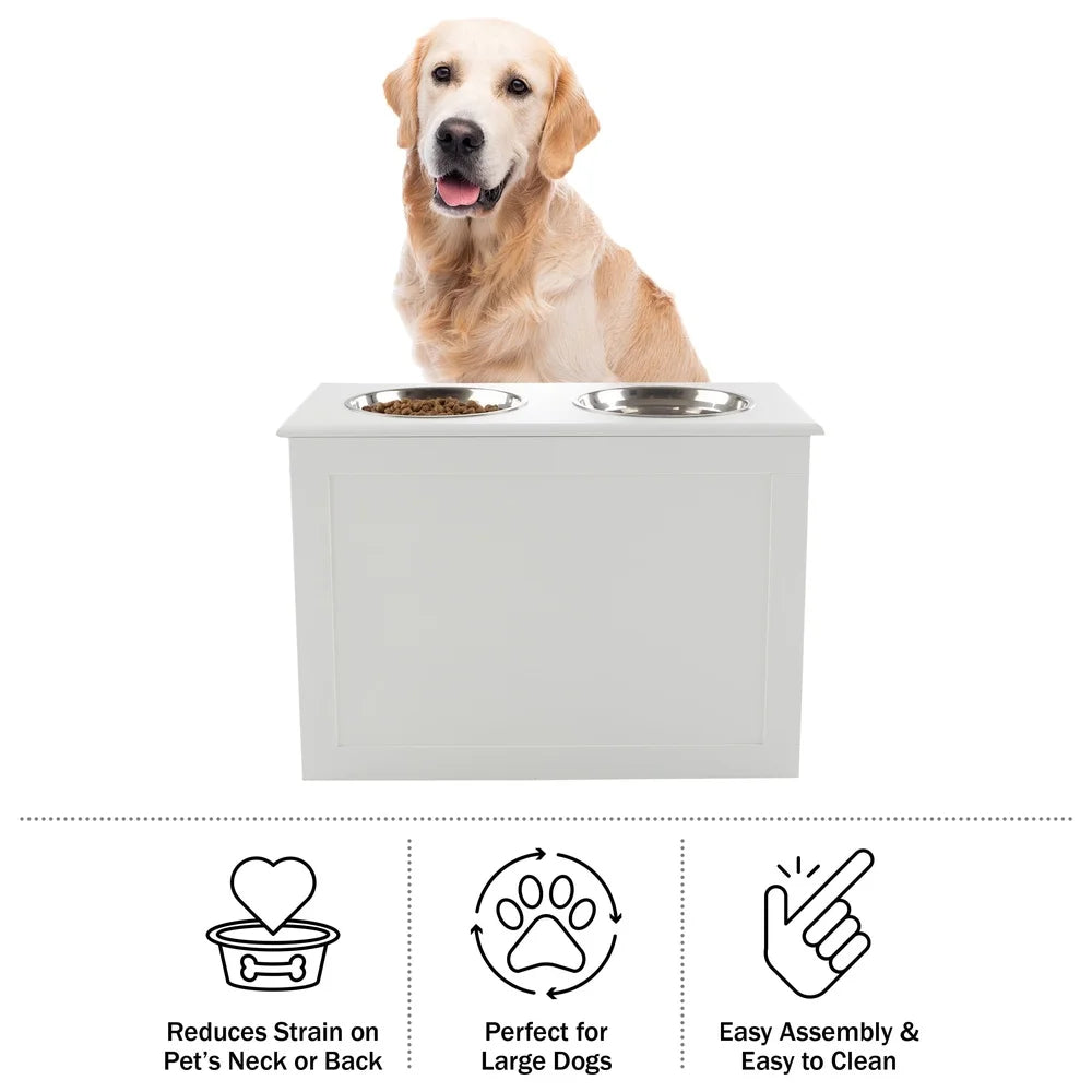 Elevated Dog Bowls with Storage Hidden Compartment Stainless Steel Pet Feeder Station Easy Clean Adjustable Height Organizer