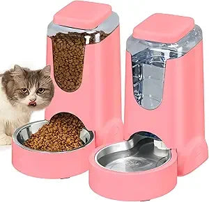 Automatic Cat Feeder and Water Dispenser with Stainless Steel Bowl Dog Gravity Food Feeder and Waterer for Small Medium Pets Pup