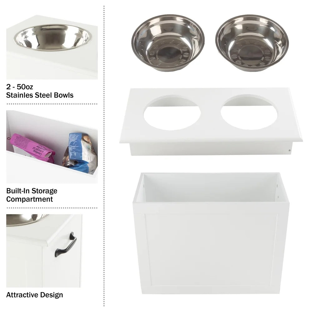 Elevated Dog Bowls with Storage Hidden Compartment Stainless Steel Pet Feeder Station Easy Clean Adjustable Height Organizer