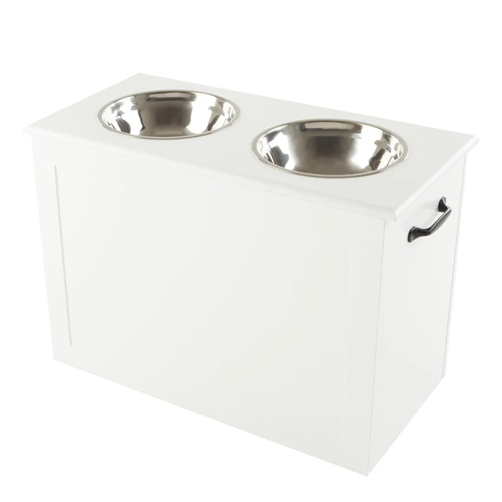 Elevated Dog Bowls with Storage Hidden Compartment Stainless Steel Pet Feeder Station Easy Clean Adjustable Height Organizer