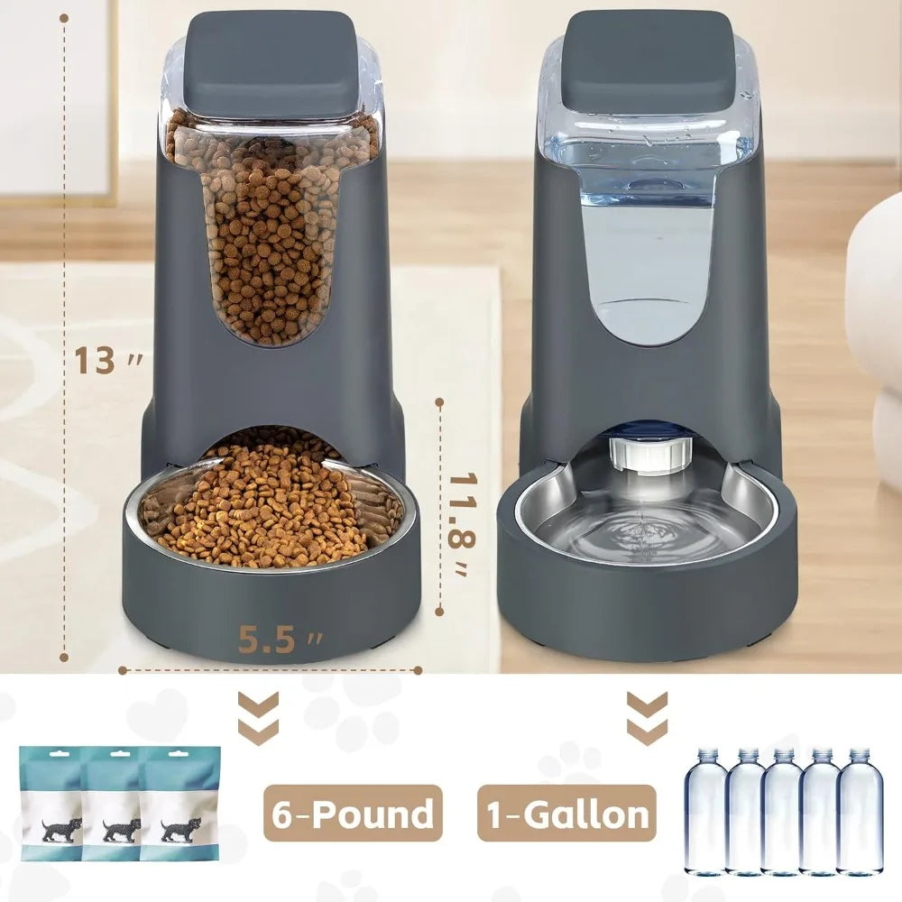 Automatic Cat Feeder and Water Dispenser with Stainless Steel Bowl Dog Gravity Food Feeder and Waterer for Small Medium Pets Pup