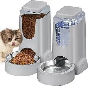 Automatic Cat Feeder and Water Dispenser with Stainless Steel Bowl Dog Gravity Food Feeder and Waterer for Small Medium Pets Pup