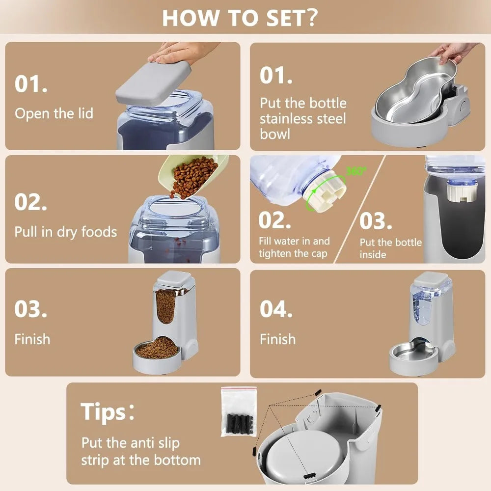 Automatic Cat Feeder and Water Dispenser with Stainless Steel Bowl Dog Gravity Food Feeder and Waterer for Small Medium Pets Pup