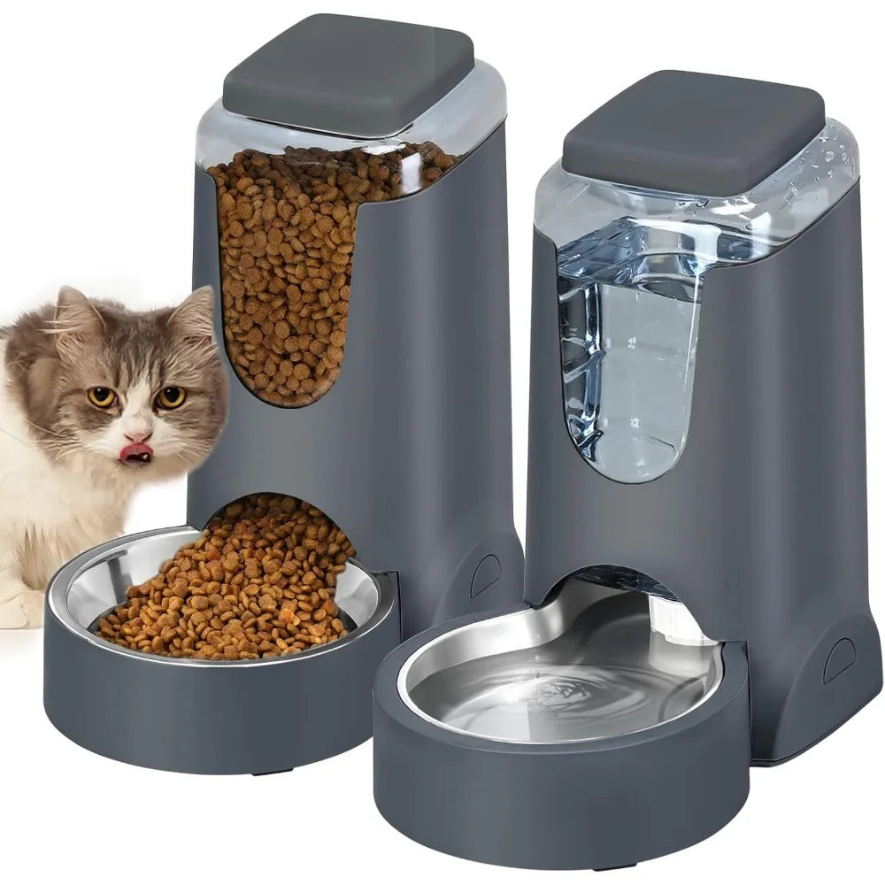 Automatic Cat Feeder and Water Dispenser with Stainless Steel Bowl Dog Gravity Food Feeder and Waterer for Small Medium Pets Pup