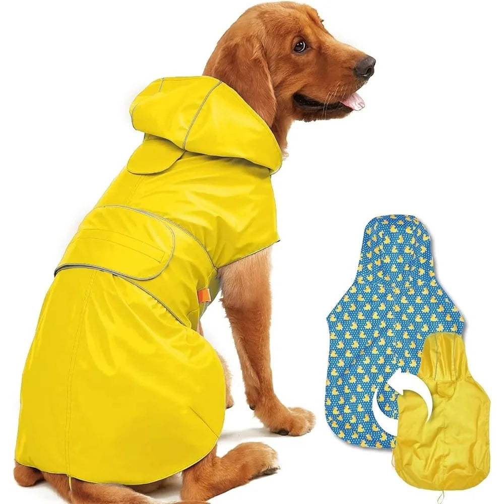 Reversible Waterproof Dog Raincoat Adjustable Slicker Poncho with Leash Hole Reflective Stripe Hooded Design All Weather