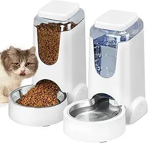 Automatic Cat Feeder and Water Dispenser with Stainless Steel Bowl Dog Gravity Food Feeder and Waterer for Small Medium Pets Pup