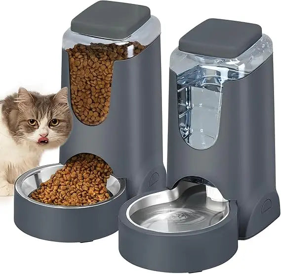 Automatic Cat Feeder and Water Dispenser with Stainless Steel Bowl Dog Gravity Food Feeder and Waterer for Small Medium Pets Pup
