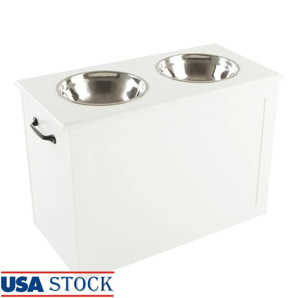 Elevated Dog Bowls with Storage Hidden Compartment Stainless Steel Pet Feeder Station Easy Clean Adjustable Height Organizer